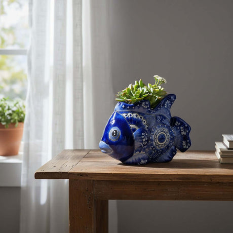 The Talavera Hub handcrafted blue and white ceramic fish planter with intricate floral patterns holding a succulent.