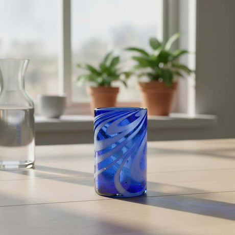 The Talavera Hub blue and white swirl hand-blown glass, 16 oz, 5.25" tall. Perfect for water, juice, or cocktails.