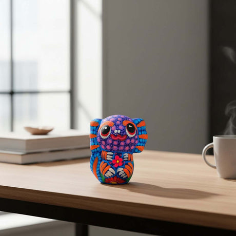 The Talavera Hub hand-painted ceramic axolotl figurine with vibrant Mexican folk art patterns on a wooden desk.