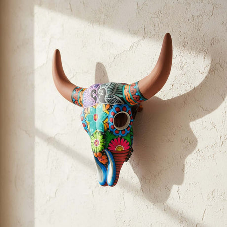 The Talavera Hub ceramic bull skull wall art with vibrant hand-painted Mexican folk-art patterns in bright colors.