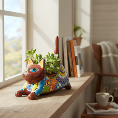 The Talavera Hub handmade ceramic cat planter with colorful floral patterns, holding a succulent on a wooden windowsill.