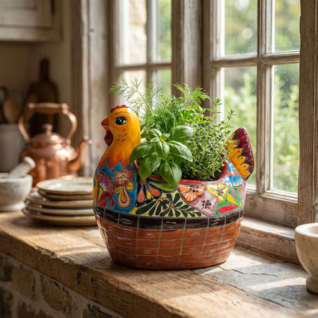 The Talavera Hub hand-painted ceramic chicken planter with vibrant floral patterns holding fresh green herbs.