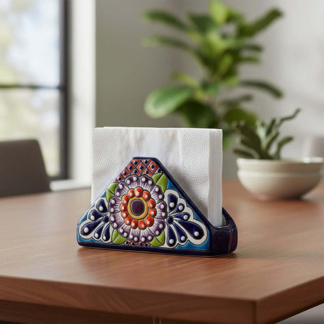The Talavera Hub hand-painted ceramic napkin holder featuring a triangular shape and vibrant floral Mexican folk art.