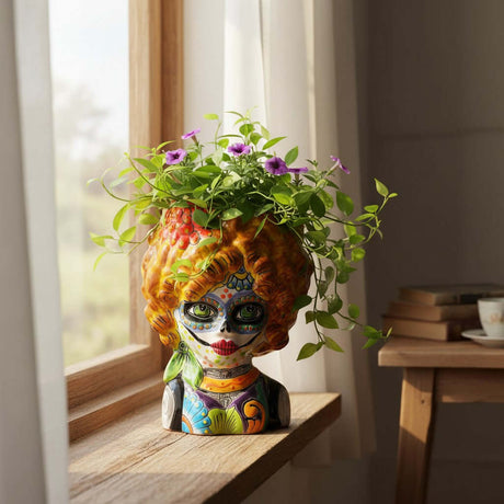 The Talavera Hub hand-painted ceramic lady skull planter with yellow hair and floral details on a wooden windowsill.