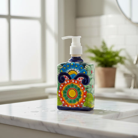 The Talavera Hub hand-painted ceramic soap pump with colorful Mexican floral patterns on a marble bathroom countertop.