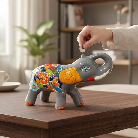 The Talavera Hub grey ceramic elephant coin bank with colorful floral Talavera design, medium size.