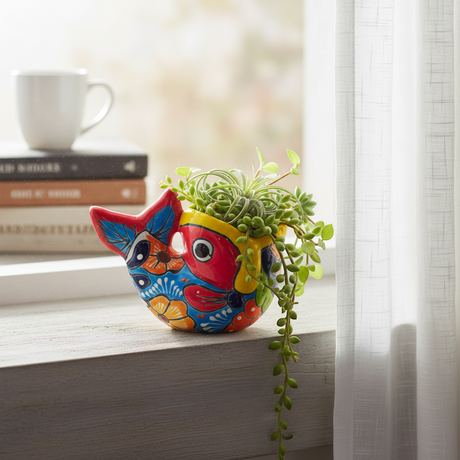 The Talavera Hub hand-painted ceramic fish planter in red, yellow, blue, and orange with floral motifs.