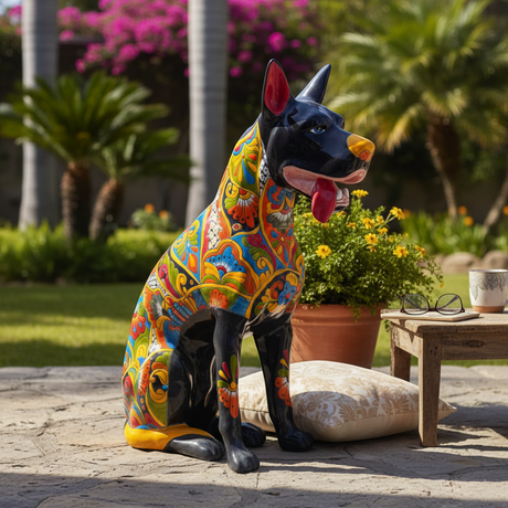The Talavera Hub large black ceramic dog statue with colorful floral Talavera patterns, blue eyes, and yellow nose.