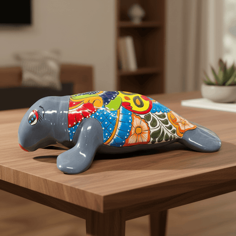 The Talavera Hub medium grey ceramic seal statue with colorful Talavera floral and scroll patterns.