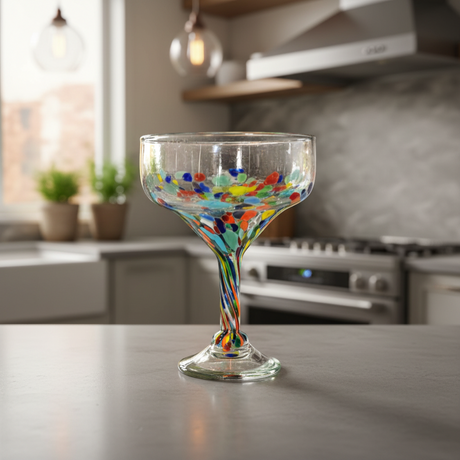 The Talavera Hub hand-blown glass margarita glass with colorful confetti speckles and twisted stem.
