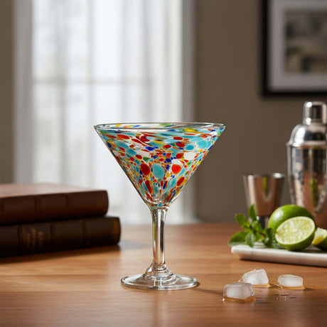 The Talavera Hub Confetti Pebbled Martini Glass, hand-blown recycled glass with colorful confetti pattern and clear rim.