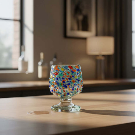 The Talavera Hub handcrafted confetti shot glass with colorful glass beads fused into clear glass. Pedestal base.