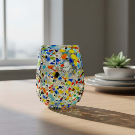 The Talavera Hub hand-blown stemless wine glass with colorful confetti pattern and pebbled texture, 12 oz capacity.