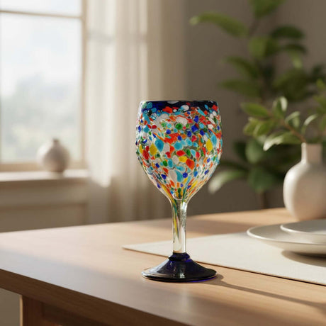 The Talavera Hub hand blown Mexican wine glass with blue rim and colorful confetti design. Lead-free glass.