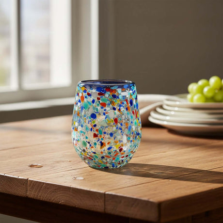 The Talavera Hub hand-blown stemless wine glass with blue rim and colorful confetti recycled glass texture. Holds 12 oz.