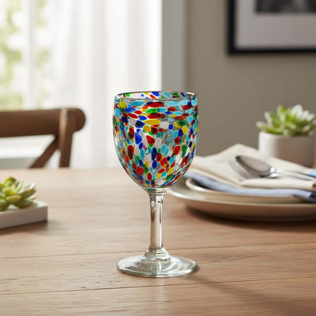 The Talavera Hub hand-blown wine glass with multicolor confetti design, 12 oz capacity, 7.75" tall.