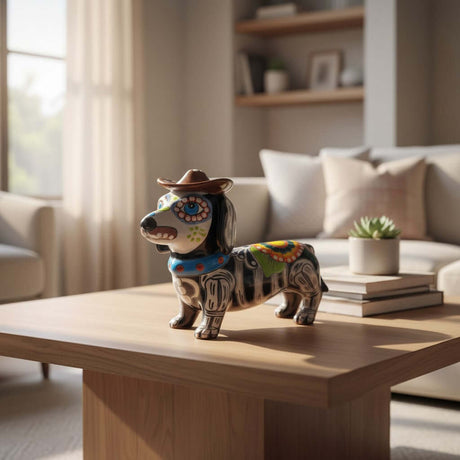 The Talavera Hub colorful ceramic dachshund figurine wearing a cowboy hat, hand-painted with floral patterns and a glossy finish.