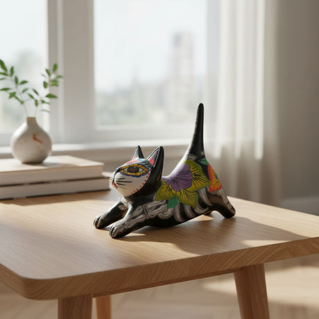 The Talavera Hub black ceramic cat statue with Day of the Dead floral design in yellow, purple, and red. Features skeletal details.