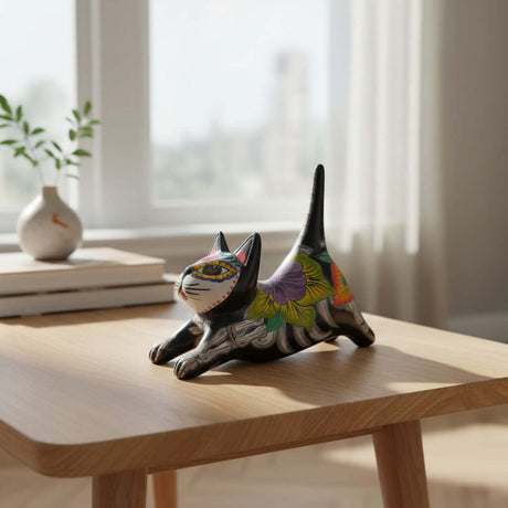 The Talavera Hub black ceramic cat statue with Day of the Dead floral design in yellow, purple, and red. Features skeletal details.