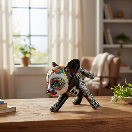 The Talavera Hub hand-painted ceramic chihuahua figurine in black with colorful floral and skeletal Day of the Dead designs.