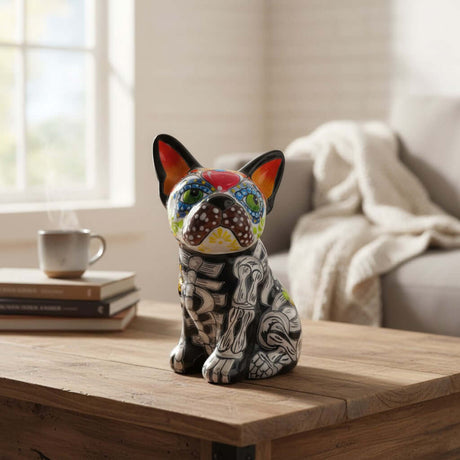 The Talavera Hub Day of the Dead French Bulldog statue, hand-painted ceramic with skeleton design and floral face accents.