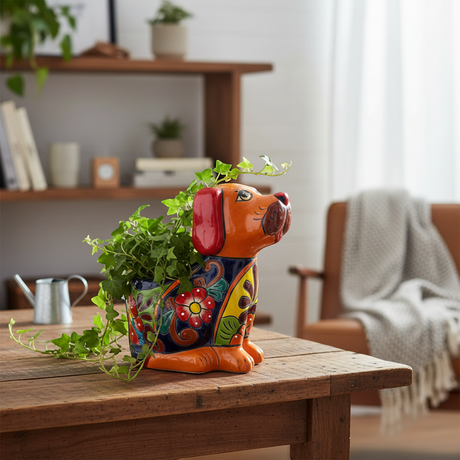 The Talavera Hub medium orange ceramic dog planter, hand-painted with colorful floral Talavera designs.