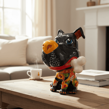 The Talavera Hub extra large black ceramic dog with a yellow nose, holding a bone in its mouth, wearing a red collar and colorful patterned clothing.