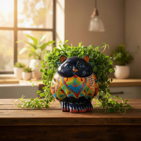 The Talavera Hub handmade black ceramic fat cat planter with blue eyes, vibrant floral patterns, and orange ears.