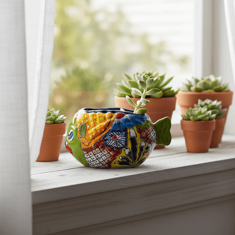 The Talavera Hub small green fish planter, hand-painted with colorful floral and geometric patterns, ceramic pottery.