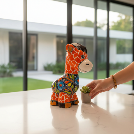 The Talavera Hub hand-painted ceramic giraffe planter with orange and white giraffe pattern and colorful floral design.