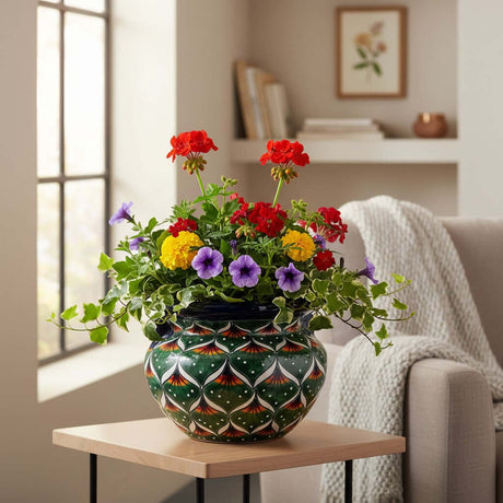 The Talavera Hub green peacock design Talavera flower pot, handmade ceramic planter with floral motifs.