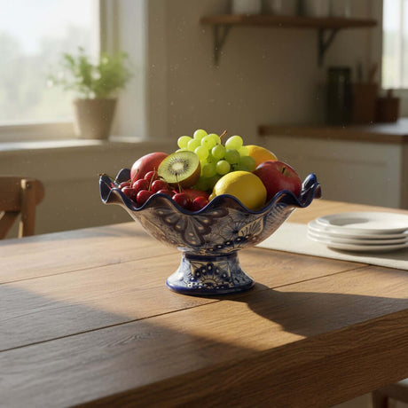 The Talavera Hub hand-painted blue and white ceramic fruit bowl filled with apples, grapes, cherries, kiwi, and lemon.
