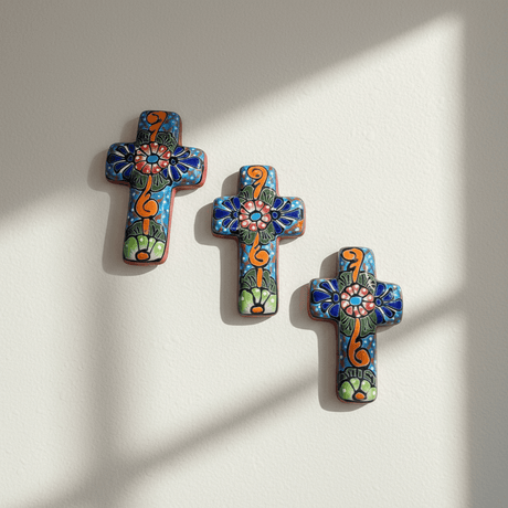 The Talavera Hub set of 3 small, hand-painted ceramic crosses with floral and swirl designs in blue, red, green, and orange.