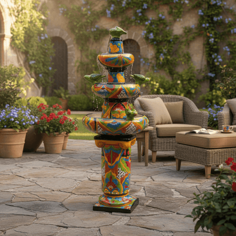 The Talavera Hub 4ft tall handcrafted ceramic fountain, hand-painted with vibrant floral and animal motifs in blue, green, orange, and yellow.