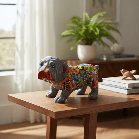 The Talavera Hub handmade gray bulldog statue with colorful floral Talavera patterns and blue eyes.