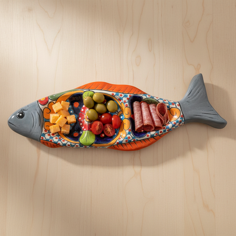 The Talavera Hub handmade ceramic fish sectional serving tray with colorful floral and geometric Talavera patterns.