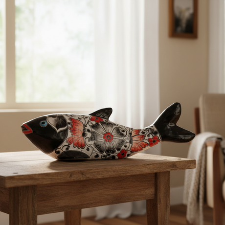 The Talavera Hub large handmade ceramic fish statue, hand-painted with black, white, red floral and butterfly designs.