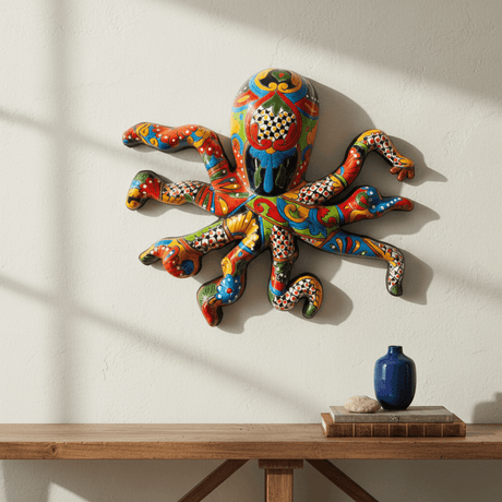 The Talavera Hub large handmade octopus wall art, hand-painted Talavera ceramic with vibrant floral and geometric patterns in red, blue, yellow, green, and black.