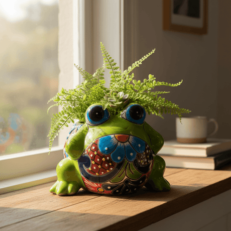 The Talavera Hub medium green Talavera frog planter with blue eyes and colorful floral belly, handcrafted Mexican pottery.
