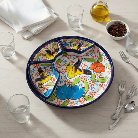 The Talavera Hub colorful ceramic appetizer tray with birds and flowers, hand-painted Mexican pottery.