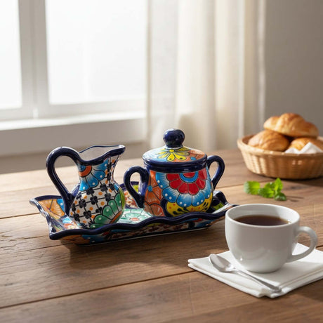 The Talavera Hub 3-piece Mexican ceramic coffee set featuring vibrant hand-painted floral patterns on a serving tray.