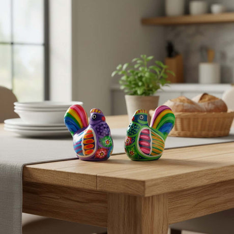 The Talavera Hub set of 2 hand-painted Mexican Guerrero pottery chicken salt and pepper shakers on a wooden table.