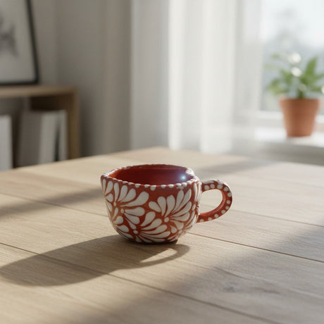 The Talavera Hub hand-painted red ceramic mug with white floral design and heart motif. Mexican coffee cup.