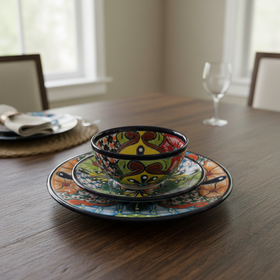 The Talavera Hub 33-piece Mexican dinnerware set for 8, hand-painted ceramic with vibrant floral patterns and a lead-free glaze.