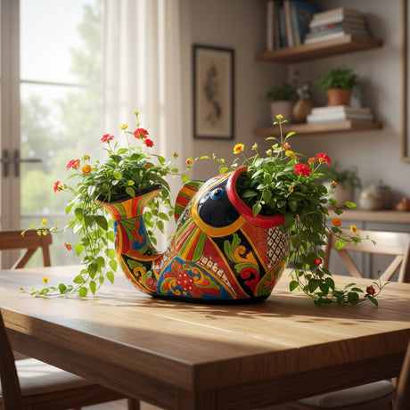 The Talavera Hub hand-painted ceramic fish planter in vibrant orange, green, yellow, red, and blue with floral motifs.