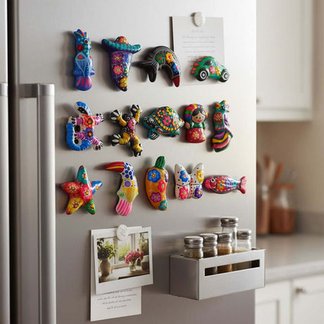 The Talavera Hub assorted hand-painted Guerrero pottery magnets featuring colorful Mexican animal and floral designs.