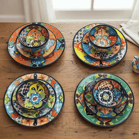 The Talavera Hub 33-piece Mexican dinnerware set for 8, hand-painted ceramic with floral patterns in vibrant orange, blue, green, and yellow.