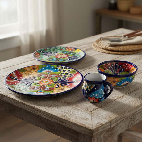 The Talavera Hub 34-piece Mexican Talavera dinnerware set for 8, featuring hand-painted floral designs in vibrant colors on ceramic.