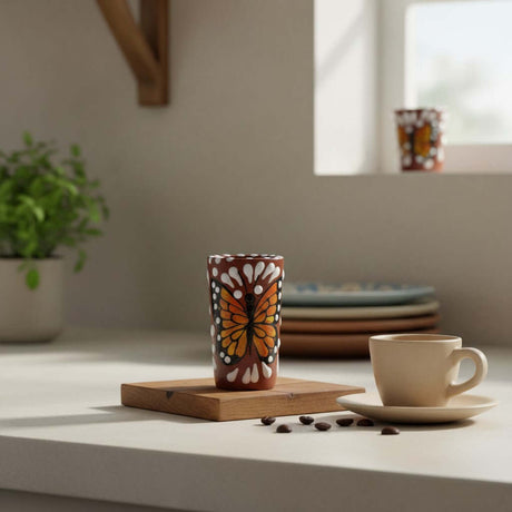 The Talavera Hub handcrafted shot glass featuring a vibrant orange and black monarch butterfly design on terracotta