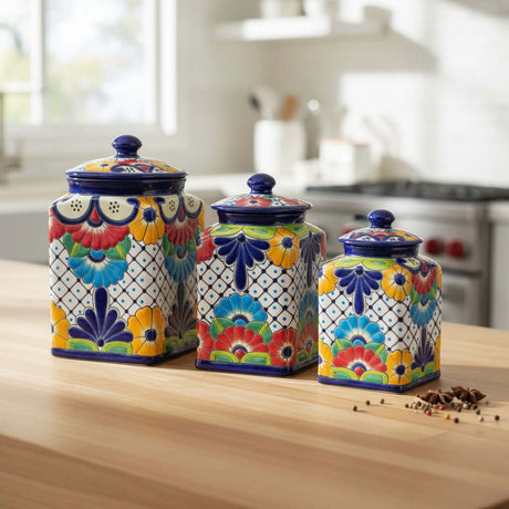 The Talavera Hub 3-piece multicolor ceramic canister set with blue rims and hand-painted floral Mexican patterns.